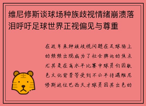 维尼修斯谈球场种族歧视情绪崩溃落泪呼吁足球世界正视偏见与尊重 维尼修斯谈球场种族歧视情绪崩溃落泪呼吁足球世界正视偏见与尊重