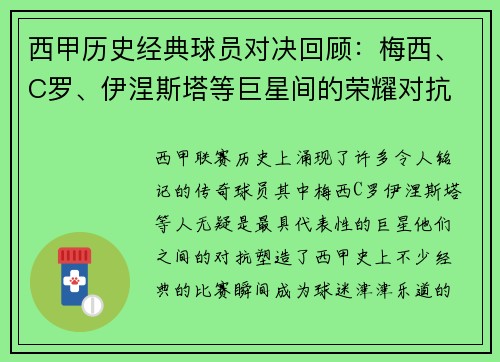 西甲历史经典球员对决回顾:梅西、C罗、伊涅斯塔等巨星间的荣耀对抗 西甲历史经典球员对决回顾:梅西、C罗、伊涅斯塔等巨星间的荣耀对抗